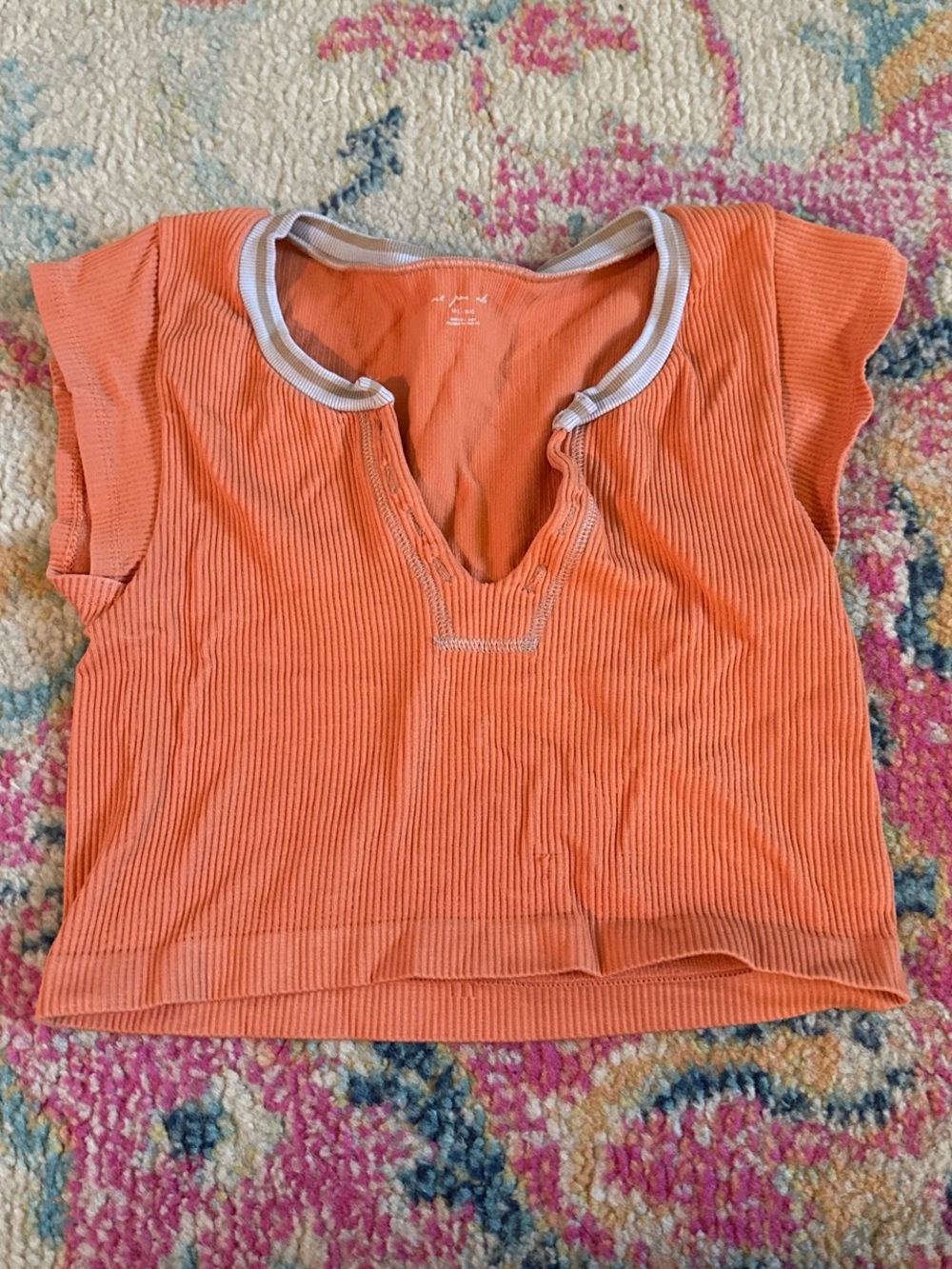 Urban Outfitters Coral Ribbed Crop Top with Cream Trim